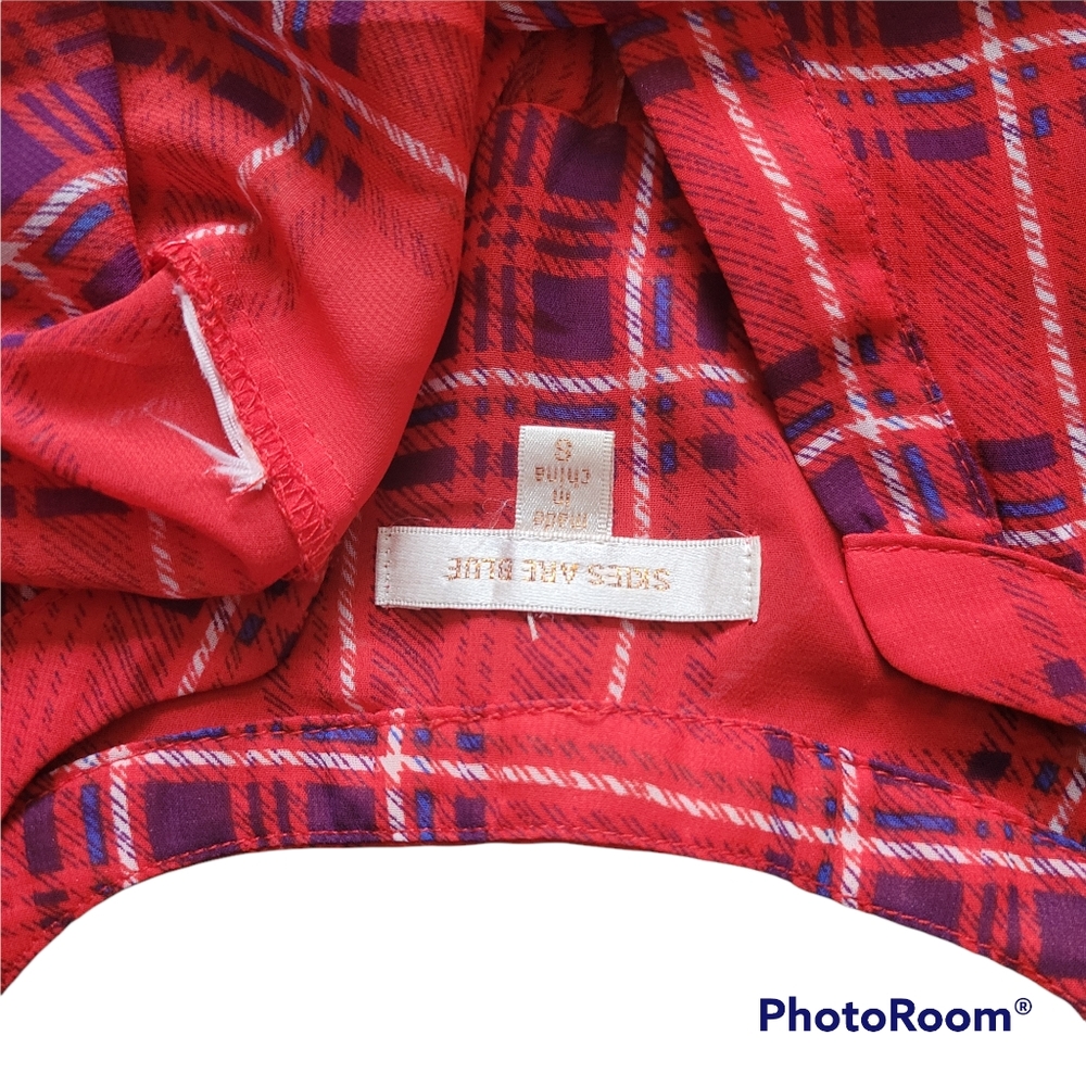 SKIES ARE BLUE RED PLAID SHEER TOP - S - Picture 5 of 7